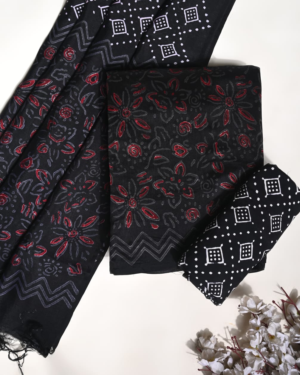 Black maroon Puna silk dress material wholesale, handblock printed silk suit set by Fabtexs